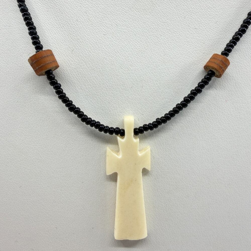 Unique Artisan Cross Pendant Necklace Black Seed Beads Wood Accents Boho Style